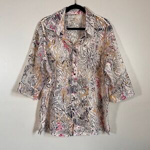 VTG TanJay Sheer Abstract Floral Chiffon Blouse XL Button Up Animal Print Style
